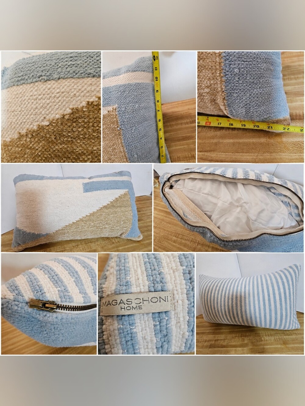 MagaSchoni Home Lumbar Pillow Blue Cream Tan Geometric Stripe 12x22 Zipper